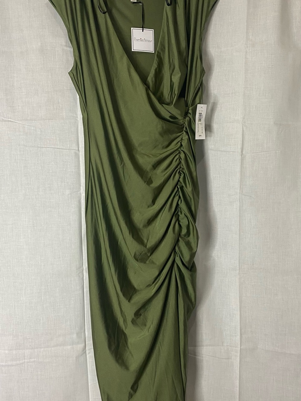Olive Green Side-Ruched Midi Dress